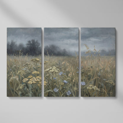 Wildflower Field Under a Cloudy Sky, Canvas Wall Art as 3-panel split version