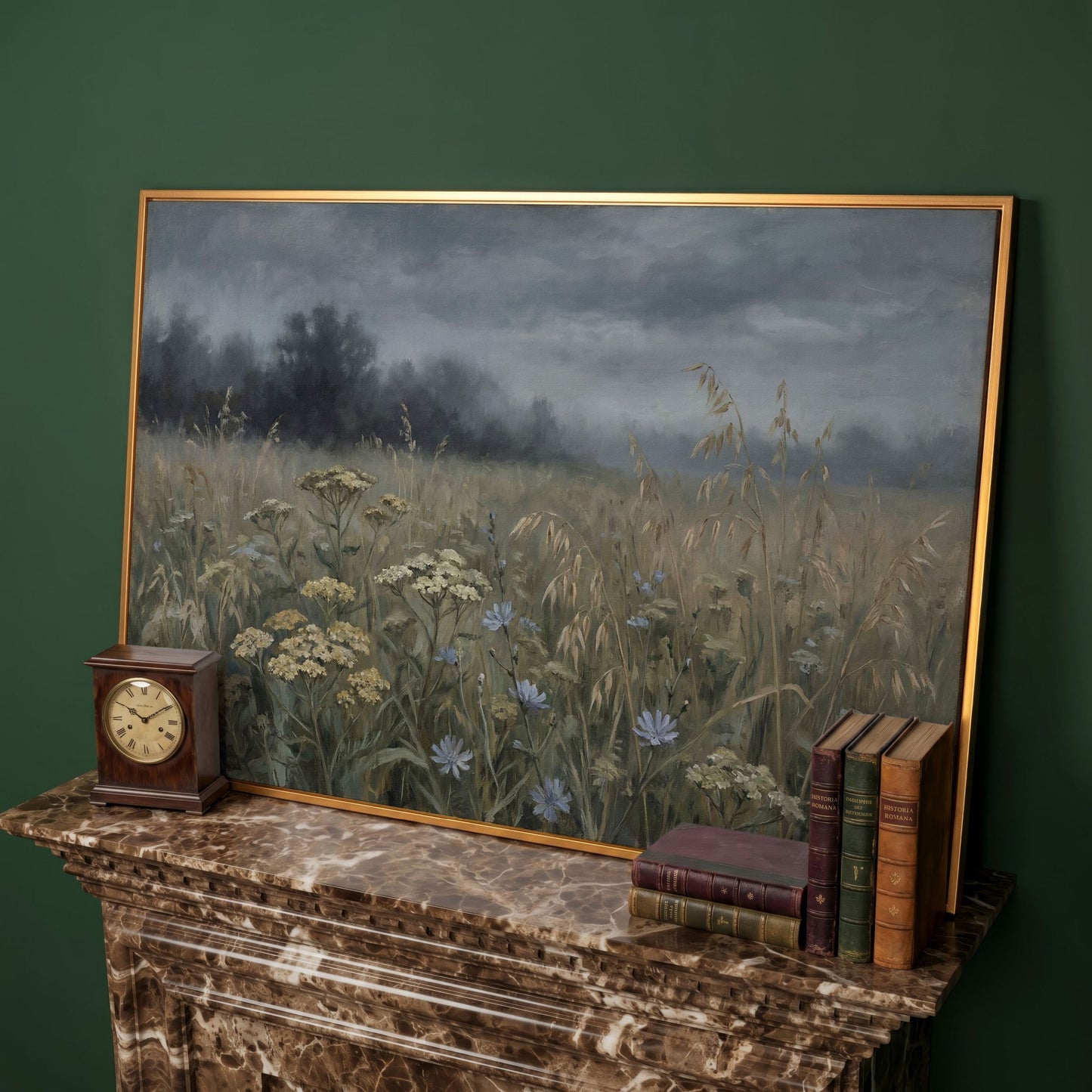 Wildflower Field Under a Cloudy Sky, Canvas Wall Art in antique gold floating frame