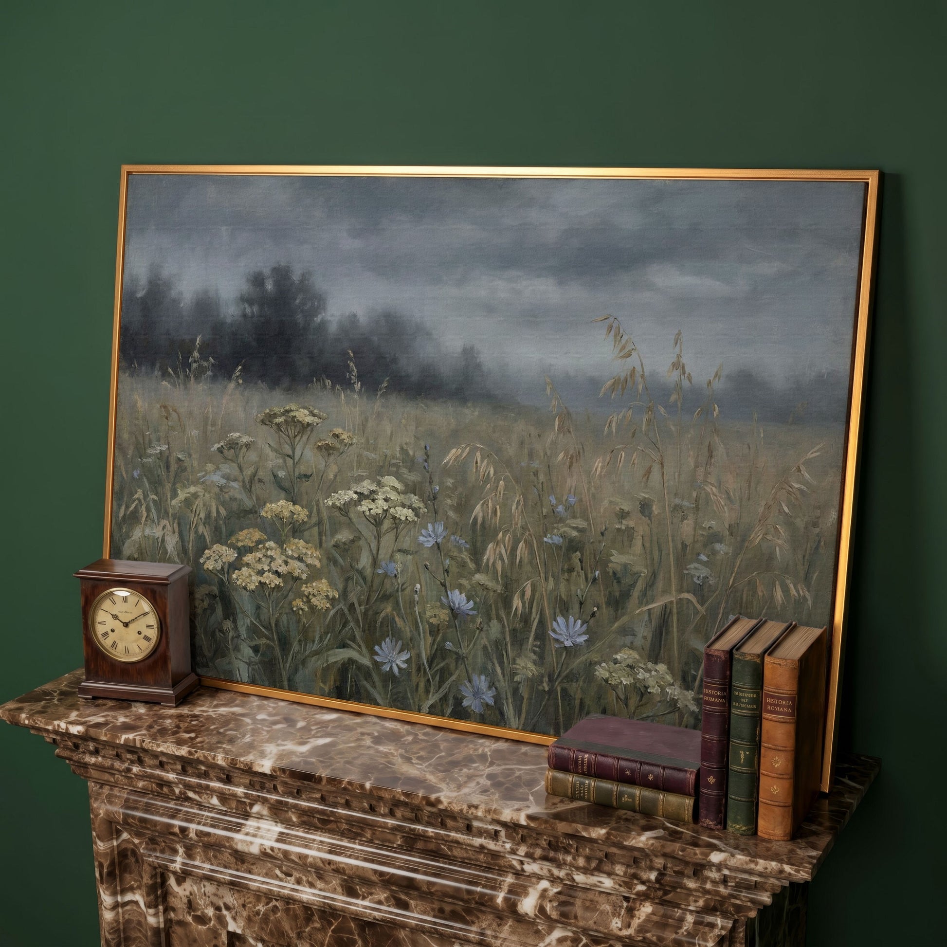 Wildflower Field Under a Cloudy Sky, Canvas Wall Art in antique gold floating frame