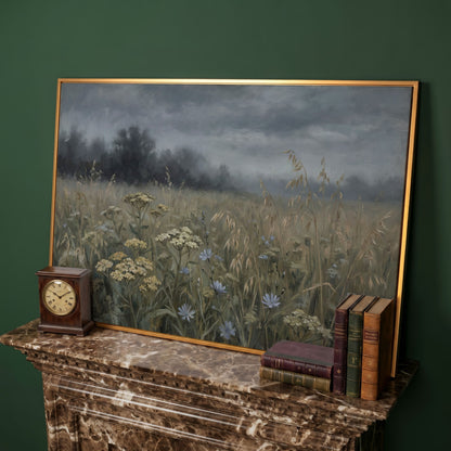 Wildflower Field Under a Cloudy Sky, Canvas Wall Art in antique gold floating frame