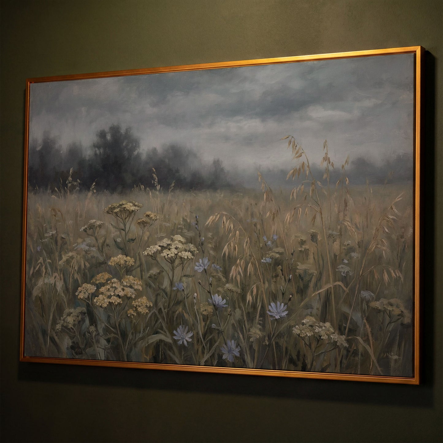 Wildflower Field Under a Cloudy Sky, Canvas Wall Art shown in antique gold floating frame