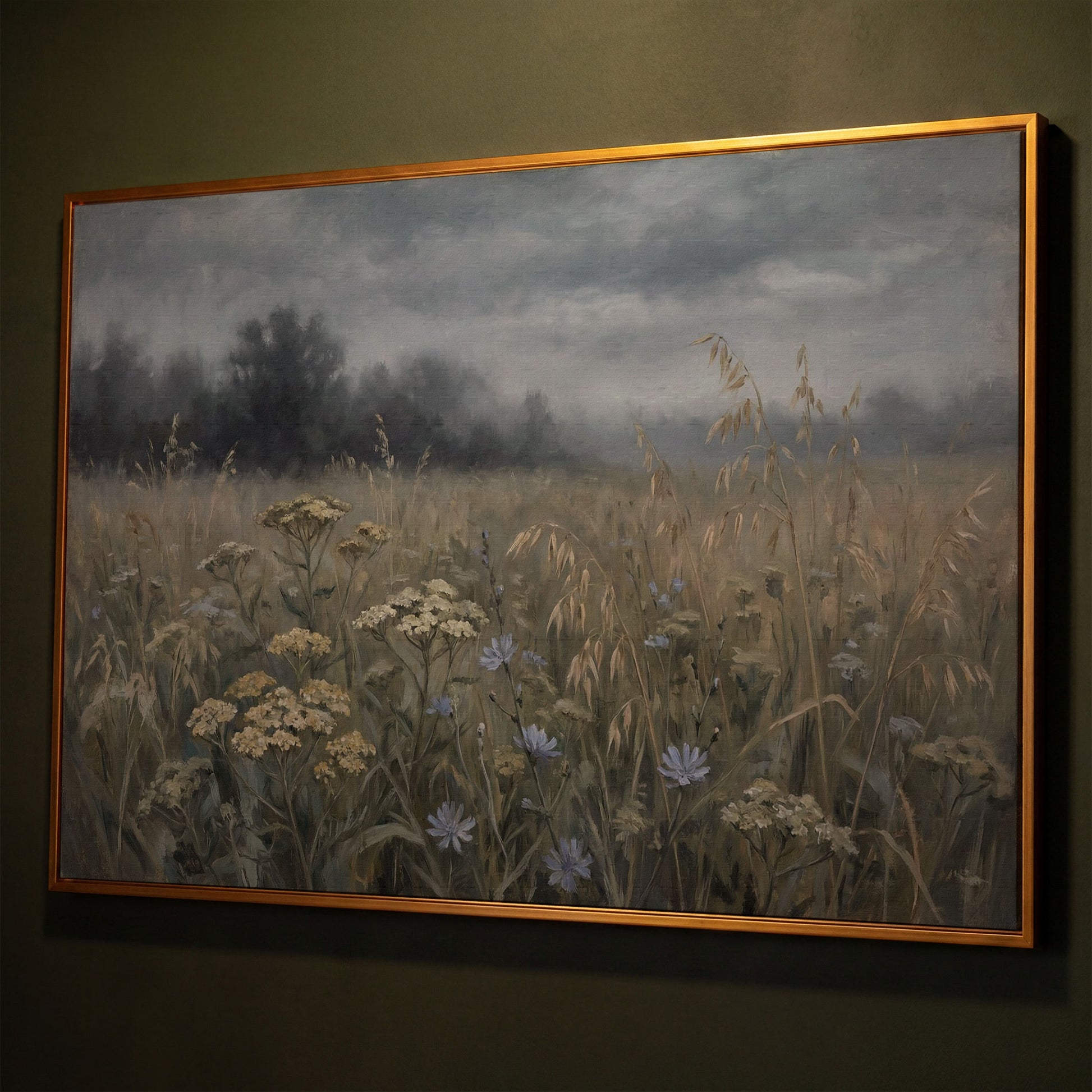 Wildflower Field Under a Cloudy Sky, Canvas Wall Art shown in antique gold floating frame