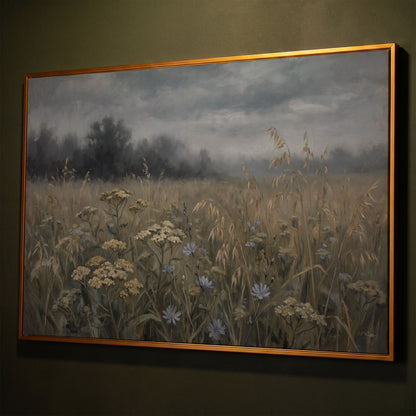 Wildflower Field Under a Cloudy Sky, Canvas Wall Art shown in antique gold floating frame
