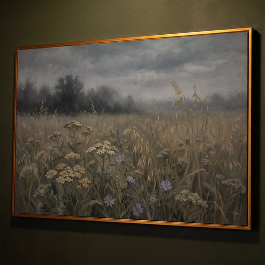 Wildflower Field Under a Cloudy Sky, Canvas Wall Art shown in antique gold floating frame