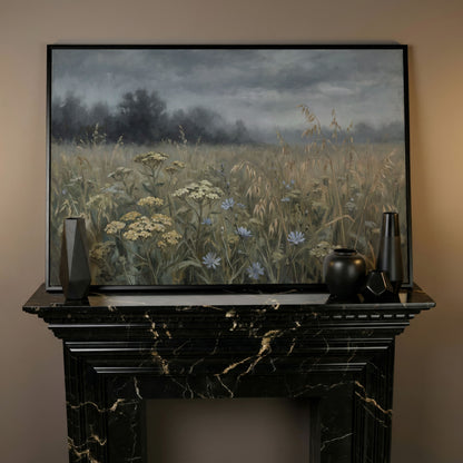 Wildflower Field Under a Cloudy Sky, Canvas Wall Art in black floating frame