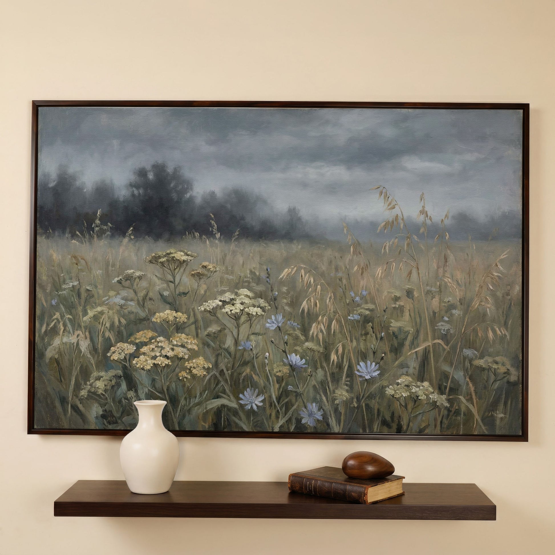 Wildflower Field Under a Cloudy Sky, Canvas Wall Art in dark walnut floating frame