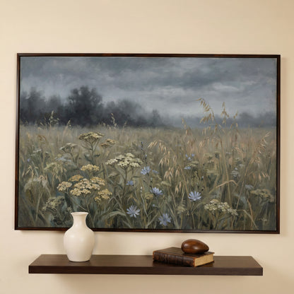 Wildflower Field Under a Cloudy Sky, Canvas Wall Art in dark walnut floating frame