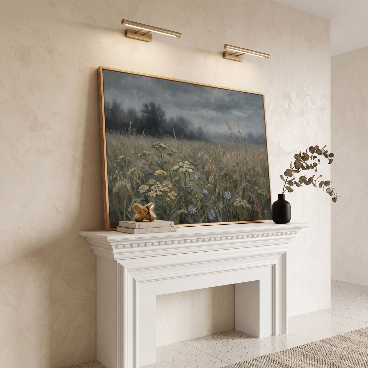 Wildflower Field Under a Cloudy Sky, Canvas Wall Art in white oak floating frame