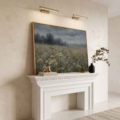 Wildflower Field Under a Cloudy Sky, Canvas Wall Art in white oak floating frame