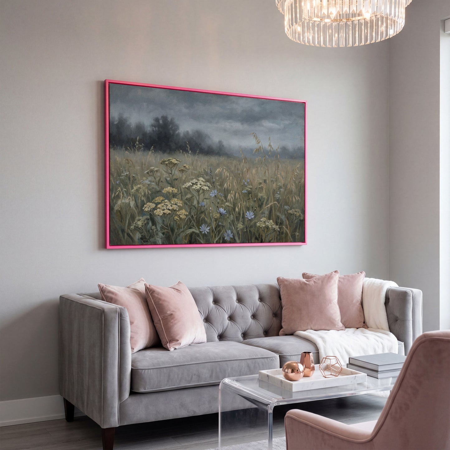 Wildflower Field Under a Cloudy Sky, Canvas Wall Art in pink floating frame