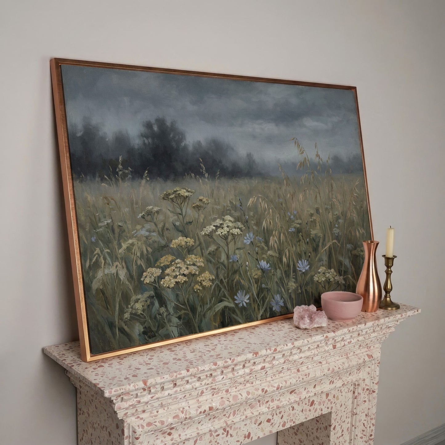 Wildflower Field Under a Cloudy Sky, Canvas Wall Art in rose gold floating frame