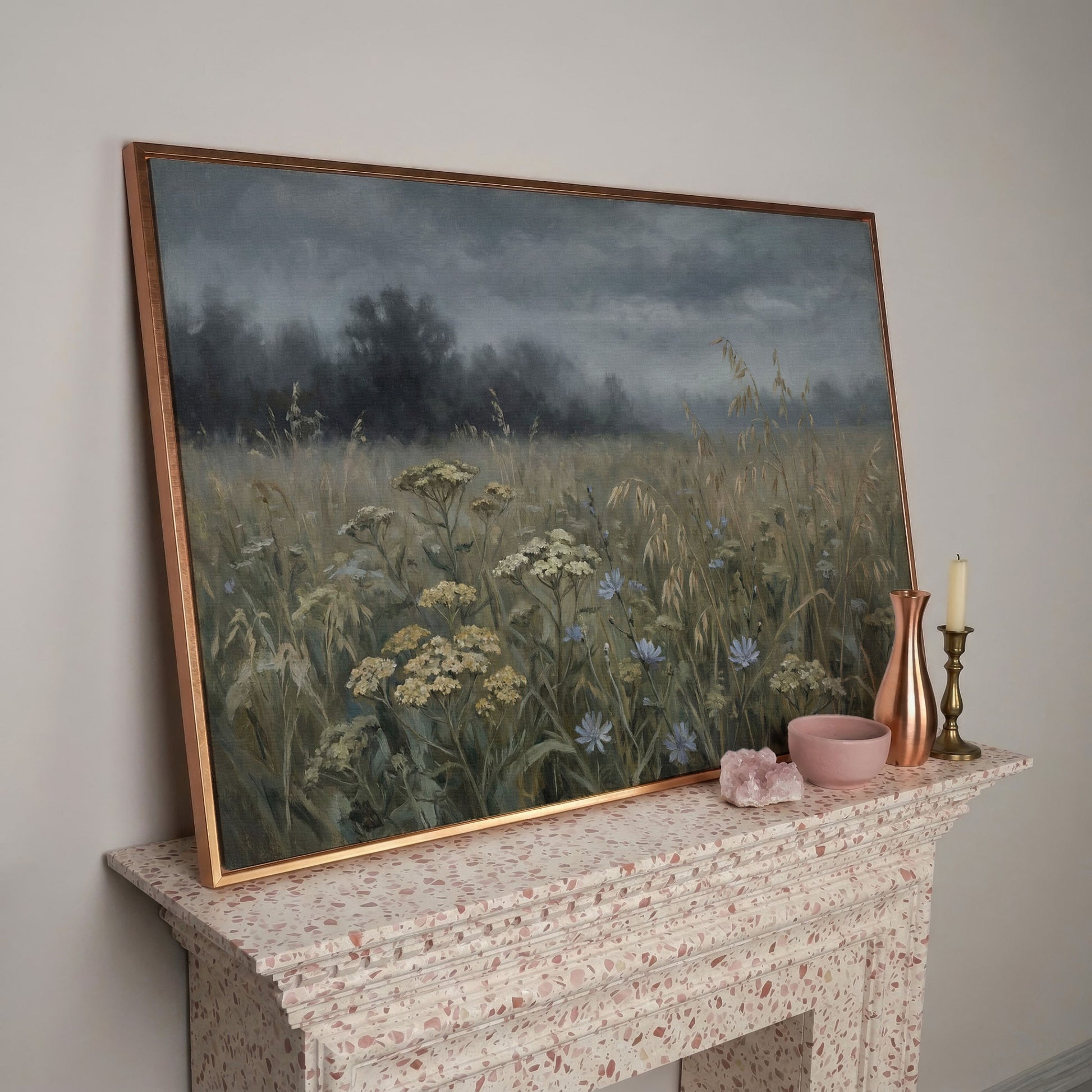 Wildflower Field Under a Cloudy Sky, Canvas Wall Art in rose gold floating frame