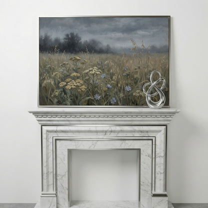 Wildflower Field Under a Cloudy Sky, Canvas Wall Art in silver floating frame