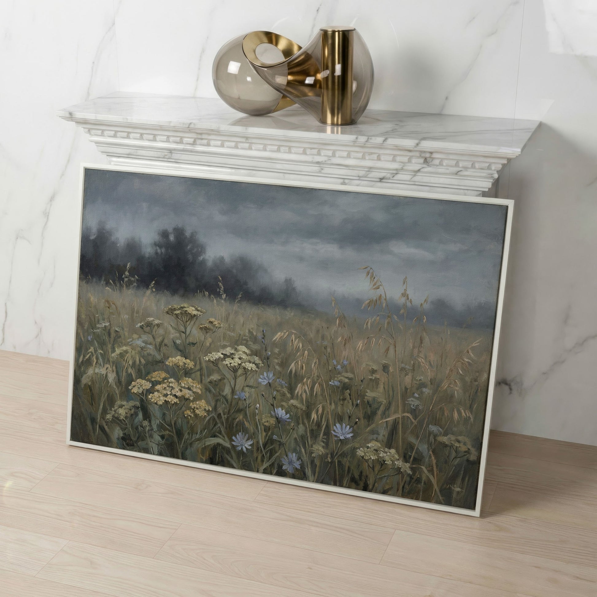 Wildflower Field Under a Cloudy Sky, Canvas Wall Art in white floating frame