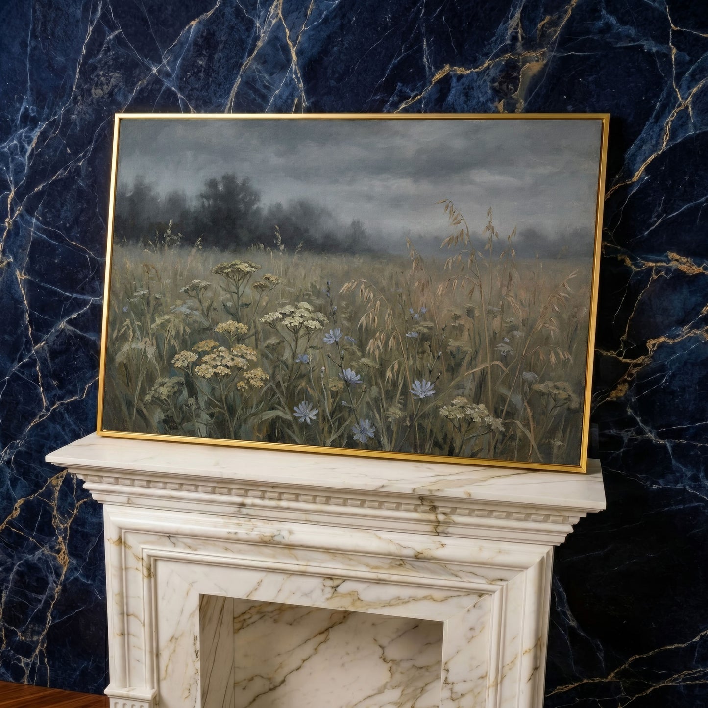 Wildflower Field Under a Cloudy Sky, Canvas Wall Art in yellow gold floating frame
