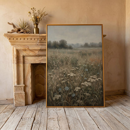 Wildflower Field Canvas Print, Soft Pastel Prairie Wall Art in antique gold floating frame