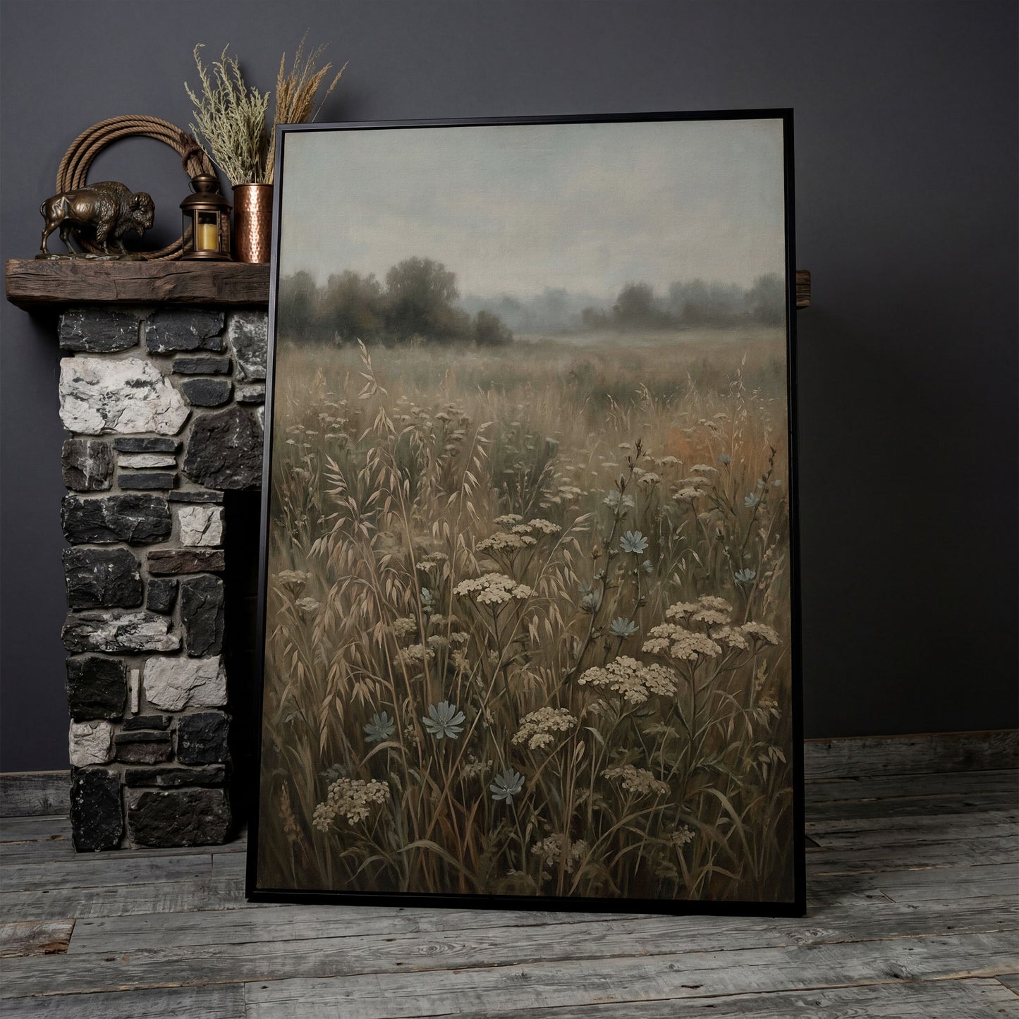 Wildflower Field Canvas Print, Soft Pastel Prairie Wall Art in black floating frame