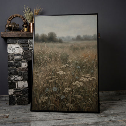 Wildflower Field Canvas Print, Soft Pastel Prairie Wall Art in black floating frame