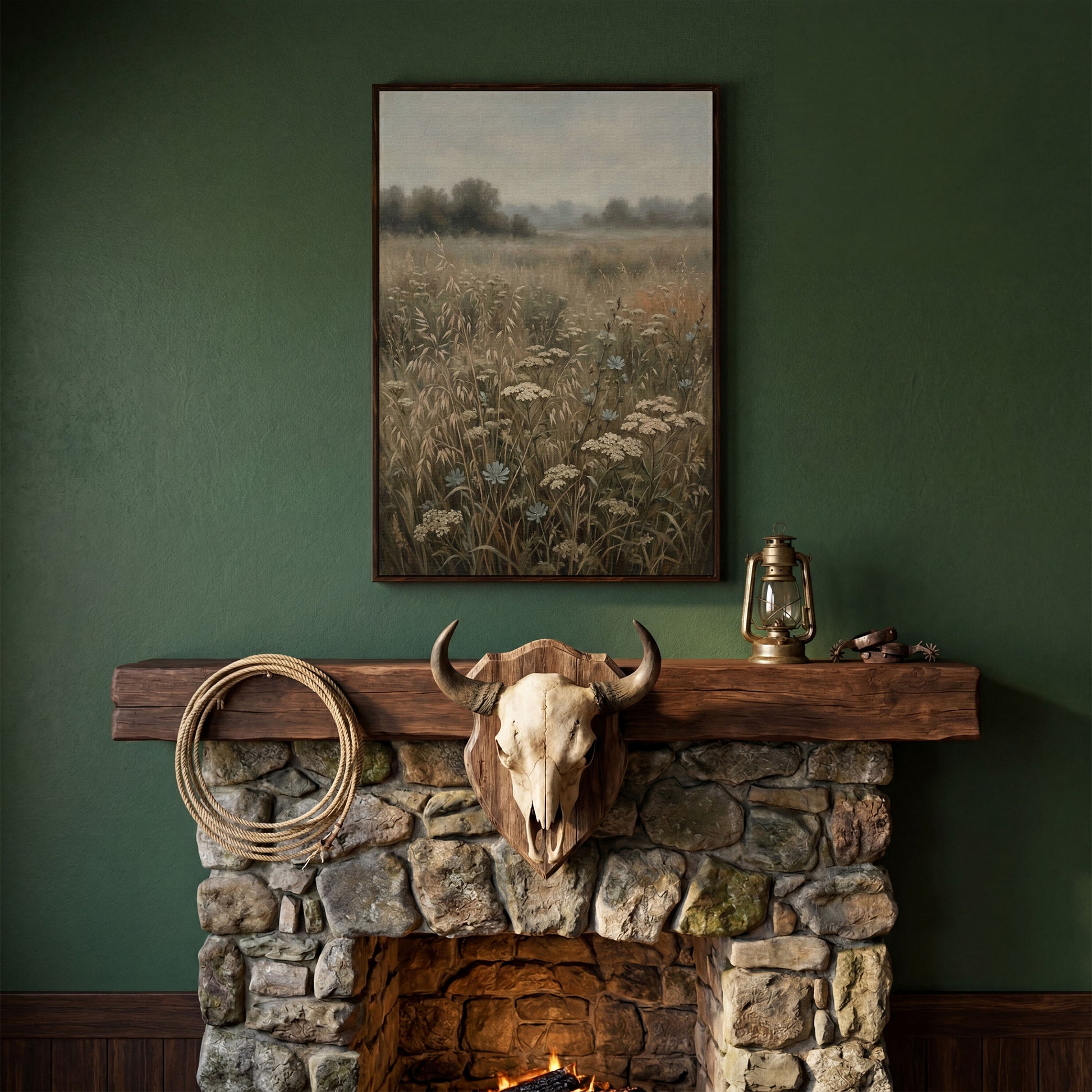Wildflower Field Canvas Print, Soft Pastel Prairie Wall Art in dark walnut floating frame