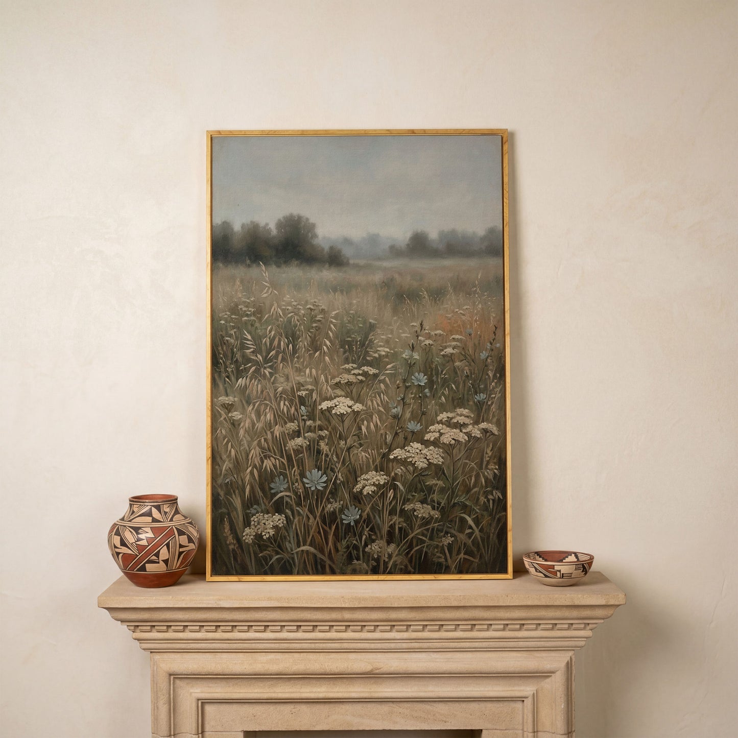 Wildflower Field Canvas Print, Soft Pastel Prairie Wall Art in white oak floating frame