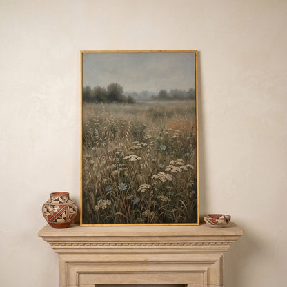 Wildflower Field Canvas Print, Soft Pastel Prairie Wall Art in white oak floating frame