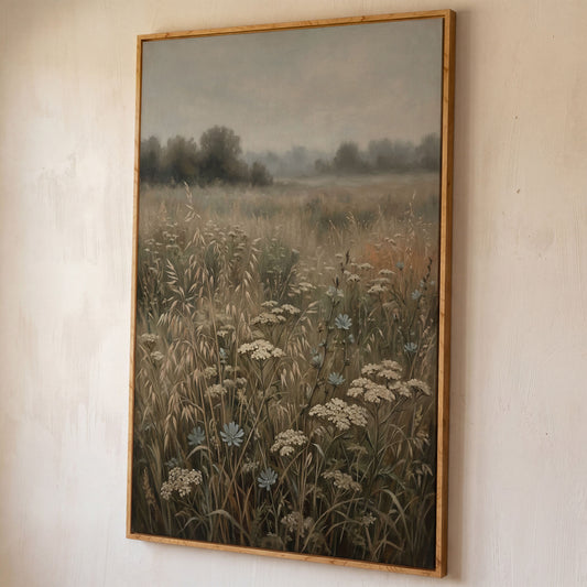 Wildflower Field Canvas Print, Soft Pastel Prairie Wall Art shown in white oak floating frame
