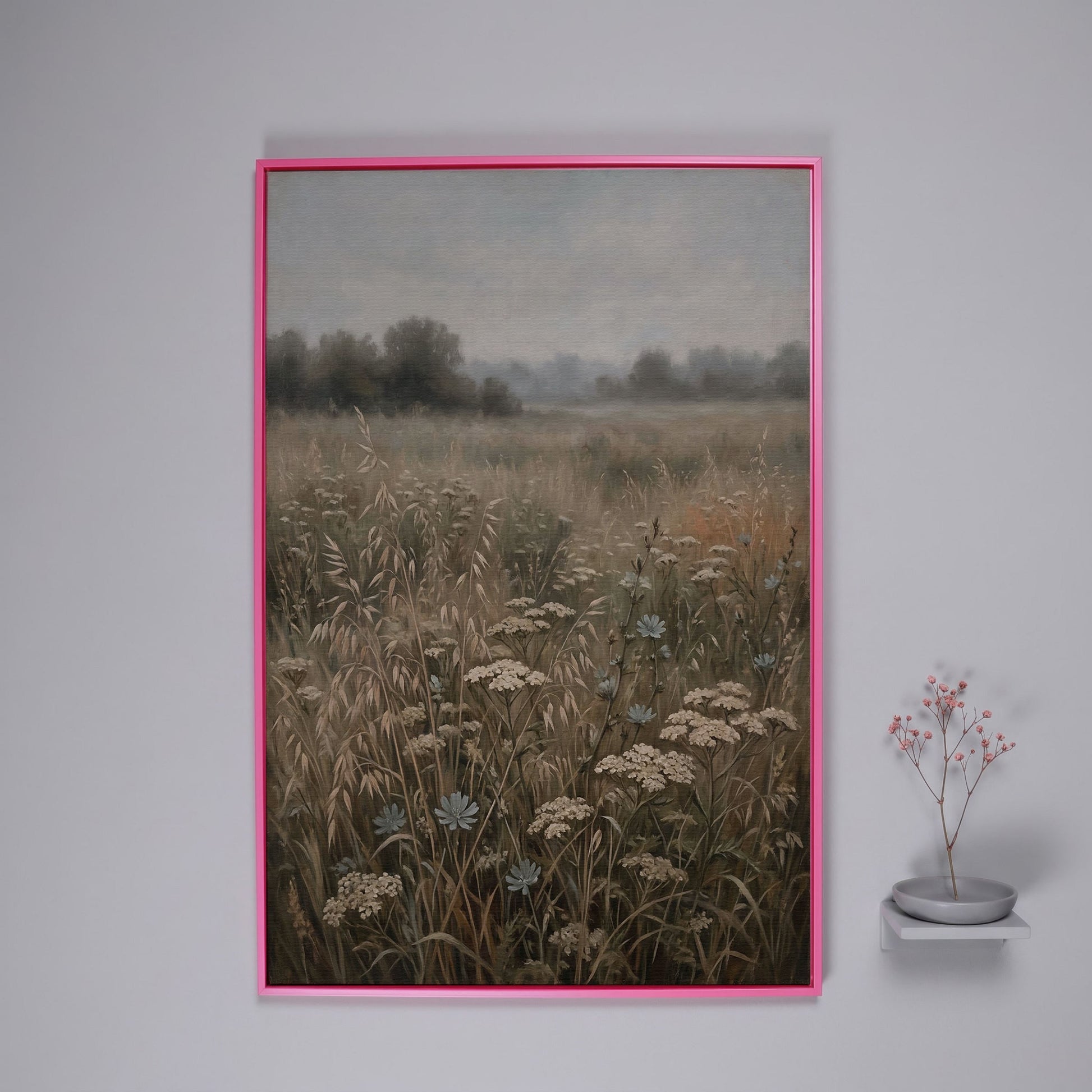 Wildflower Field Canvas Print, Soft Pastel Prairie Wall Art in pink floating frame