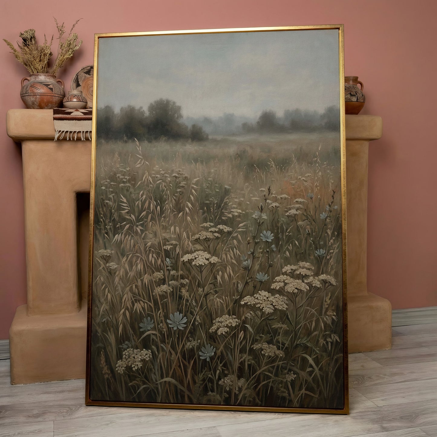 Wildflower Field Canvas Print, Soft Pastel Prairie Wall Art in rose gold floating frame