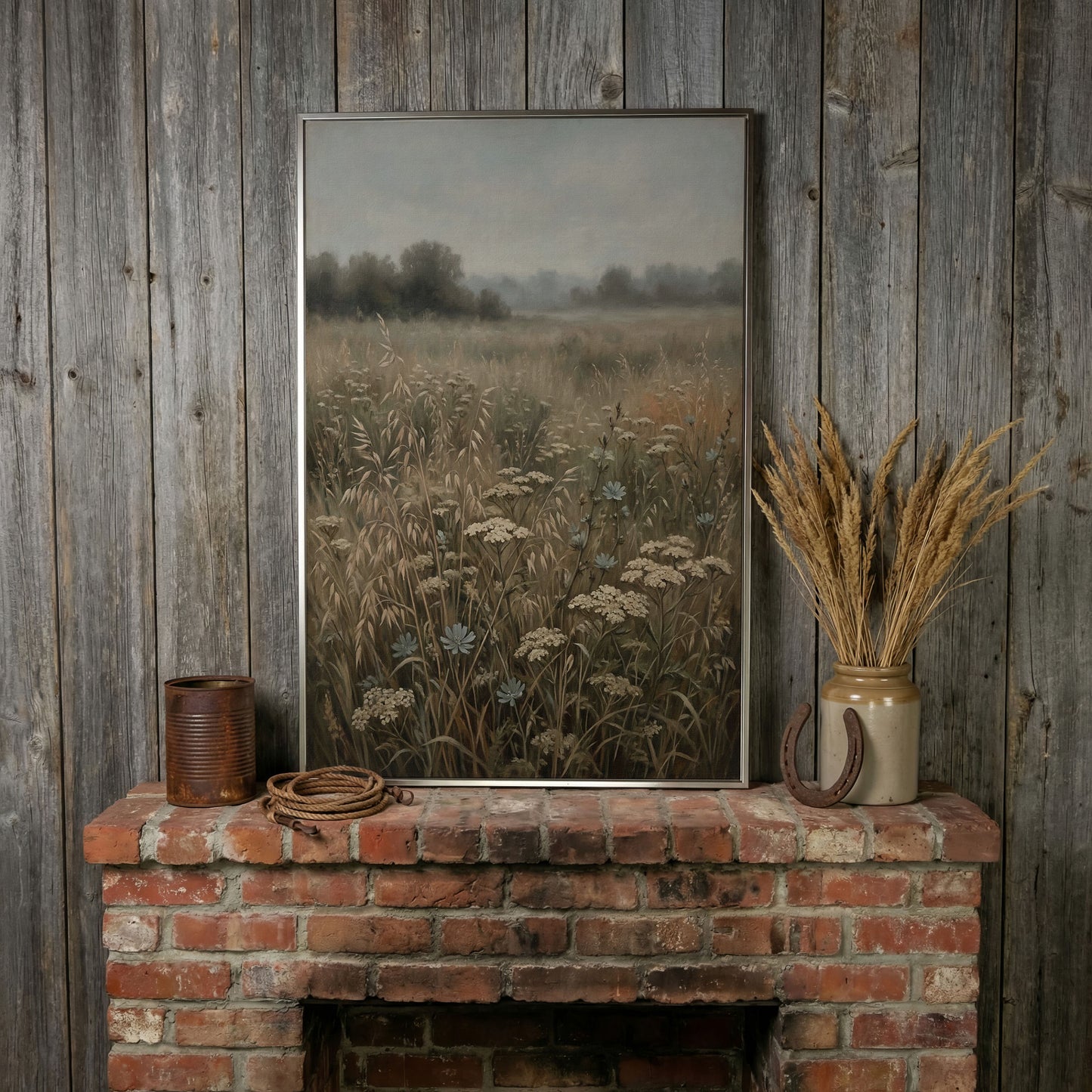 Wildflower Field Canvas Print, Soft Pastel Prairie Wall Art in silver floating frame