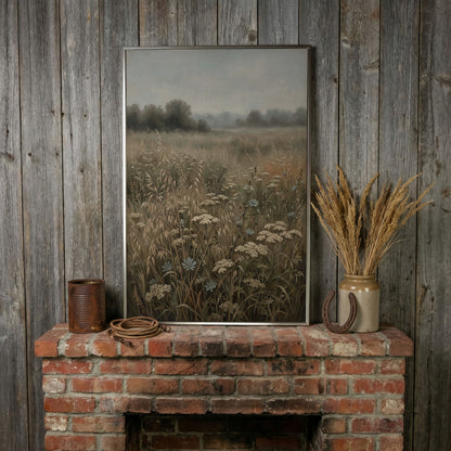 Wildflower Field Canvas Print, Soft Pastel Prairie Wall Art in silver floating frame