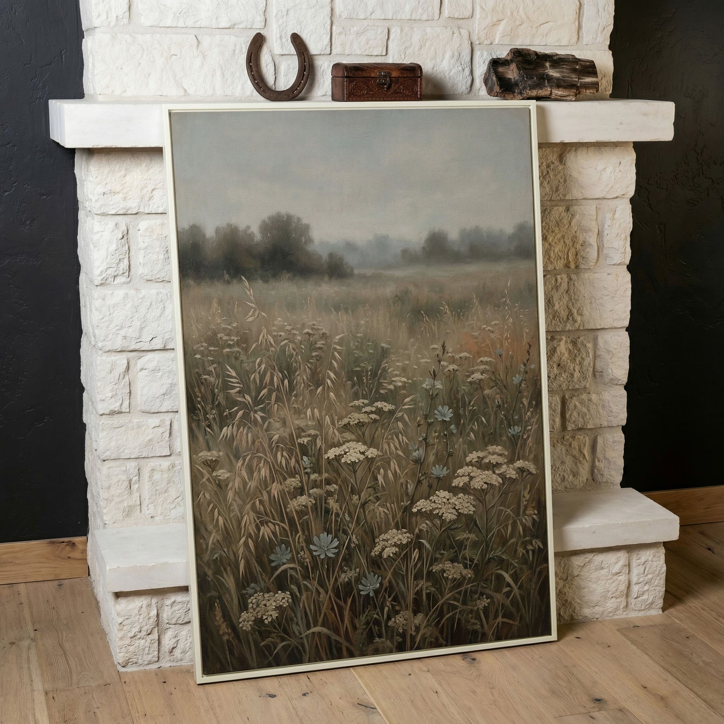 Wildflower Field Canvas Print, Soft Pastel Prairie Wall Art in white floating frame