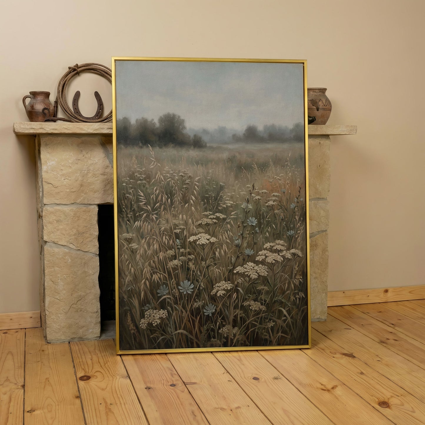 Wildflower Field Canvas Print, Soft Pastel Prairie Wall Art in yellow gold floating frame