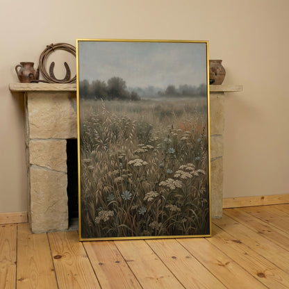 Wildflower Field Canvas Print, Soft Pastel Prairie Wall Art in yellow gold floating frame