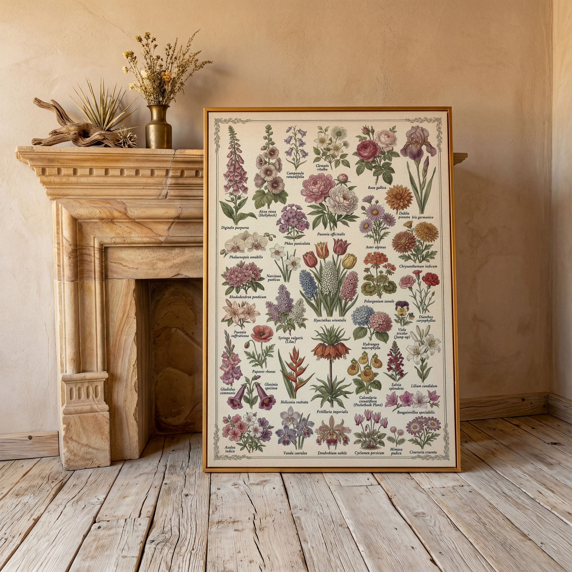 Botanical Illustration Canvas Art: 32 Flowers, Vintage Style in antique gold floating frame