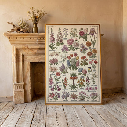 Botanical Illustration Canvas Art: 32 Flowers, Vintage Style in antique gold floating frame