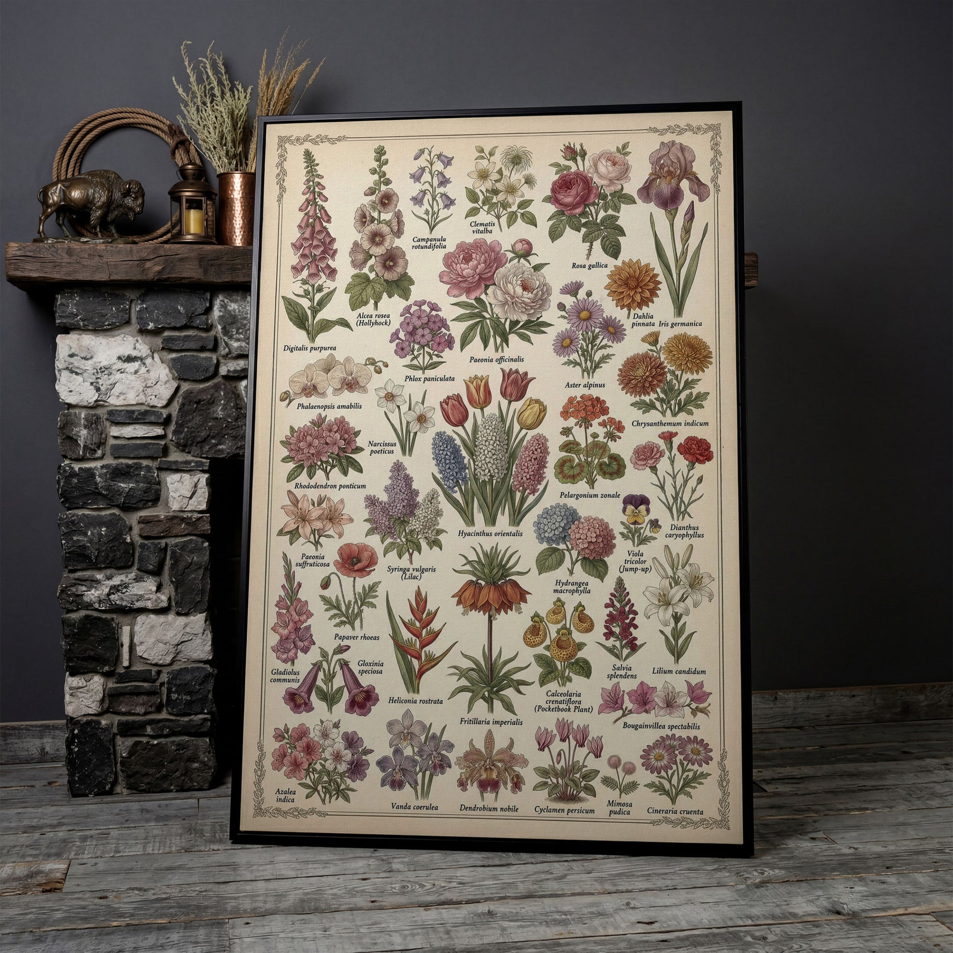 Botanical Illustration Canvas Art: 32 Flowers, Vintage Style in black floating frame