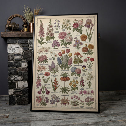 Botanical Illustration Canvas Art: 32 Flowers, Vintage Style in black floating frame