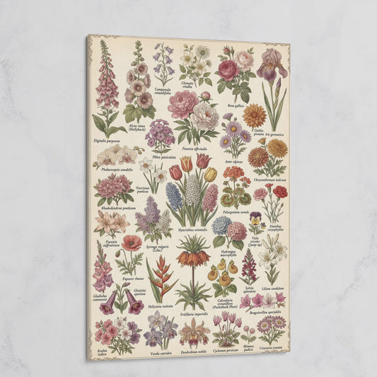 Botanical Illustration Canvas Art: 32 Flowers, Vintage Style on gallery wrap