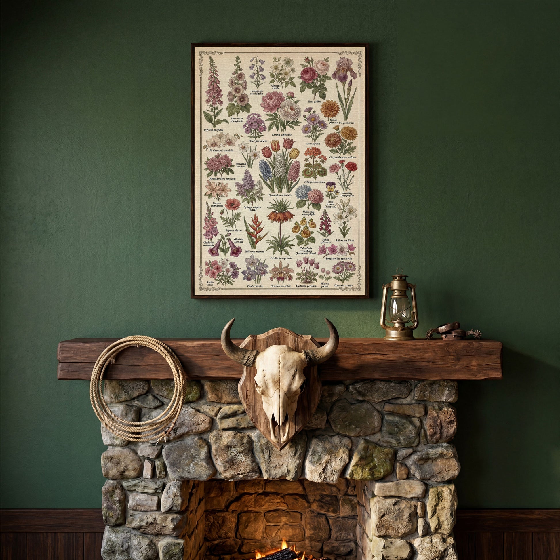 Botanical Illustration Canvas Art: 32 Flowers, Vintage Style in dark walnut floating frame