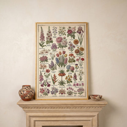 Botanical Illustration Canvas Art: 32 Flowers, Vintage Style in white oak floating frame