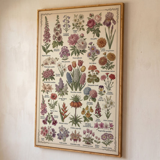Botanical Illustration Canvas Art: 32 Flowers, Vintage Style shown in white oak floating frame