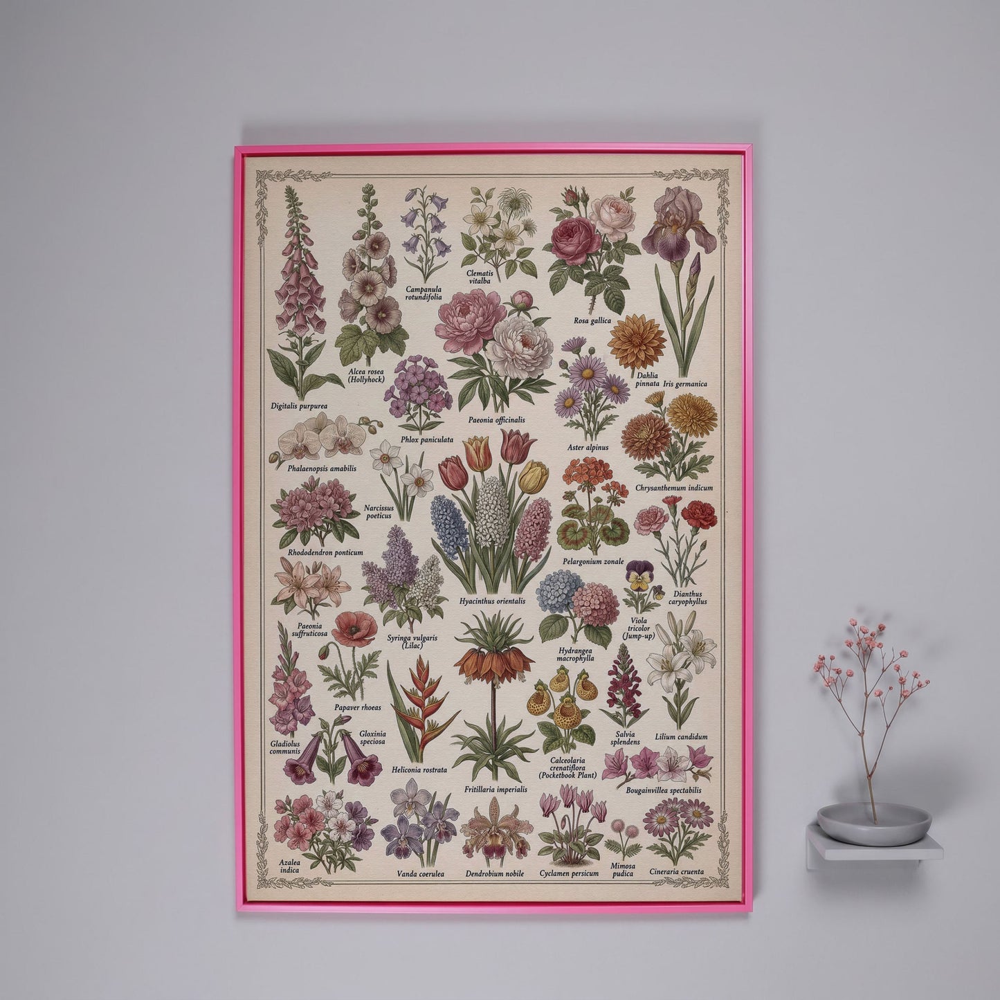 Botanical Illustration Canvas Art: 32 Flowers, Vintage Style in pink floating frame