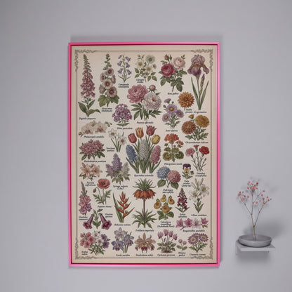 Botanical Illustration Canvas Art: 32 Flowers, Vintage Style in pink floating frame