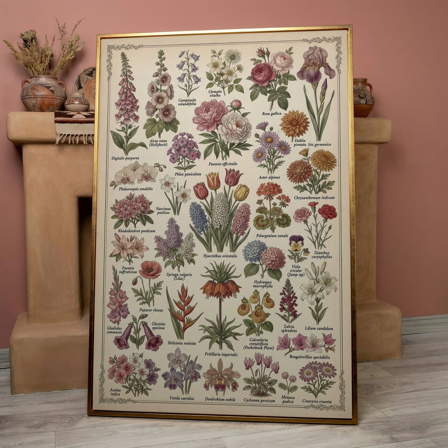 Botanical Illustration Canvas Art: 32 Flowers, Vintage Style in rose gold floating frame