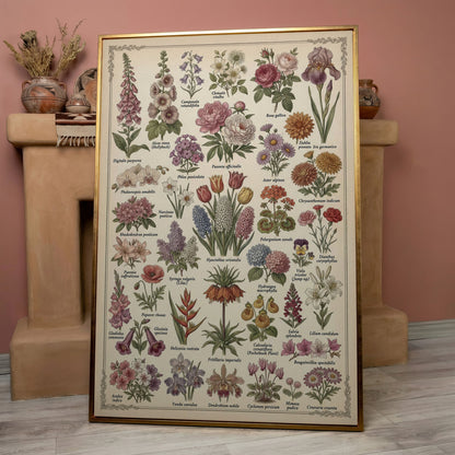 Botanical Illustration Canvas Art: 32 Flowers, Vintage Style in rose gold floating frame