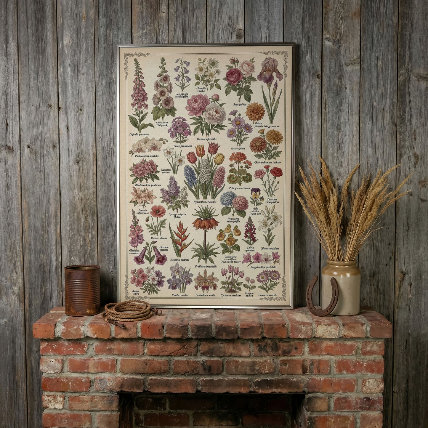 Botanical Illustration Canvas Art: 32 Flowers, Vintage Style in silver floating frame