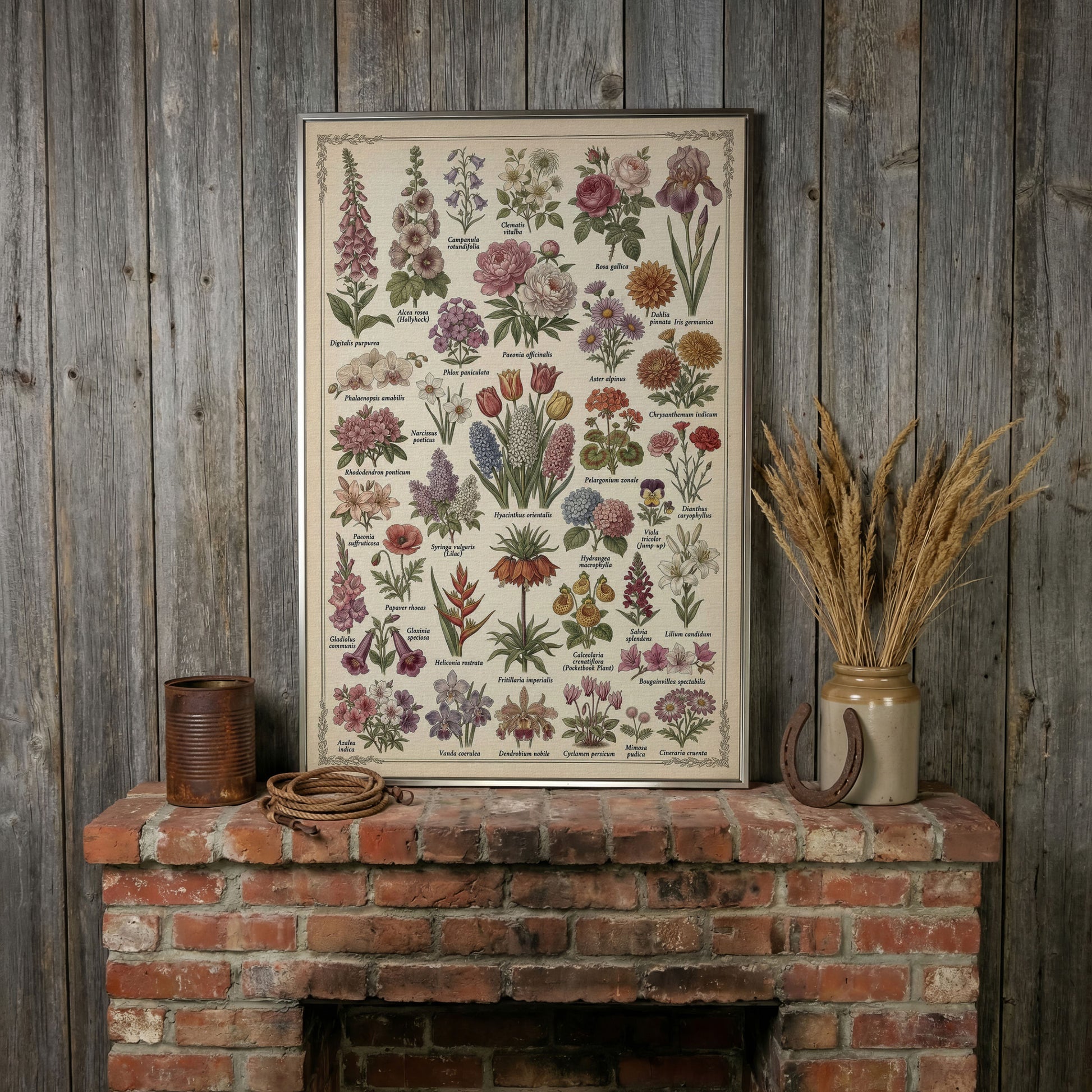 Botanical Illustration Canvas Art: 32 Flowers, Vintage Style in silver floating frame