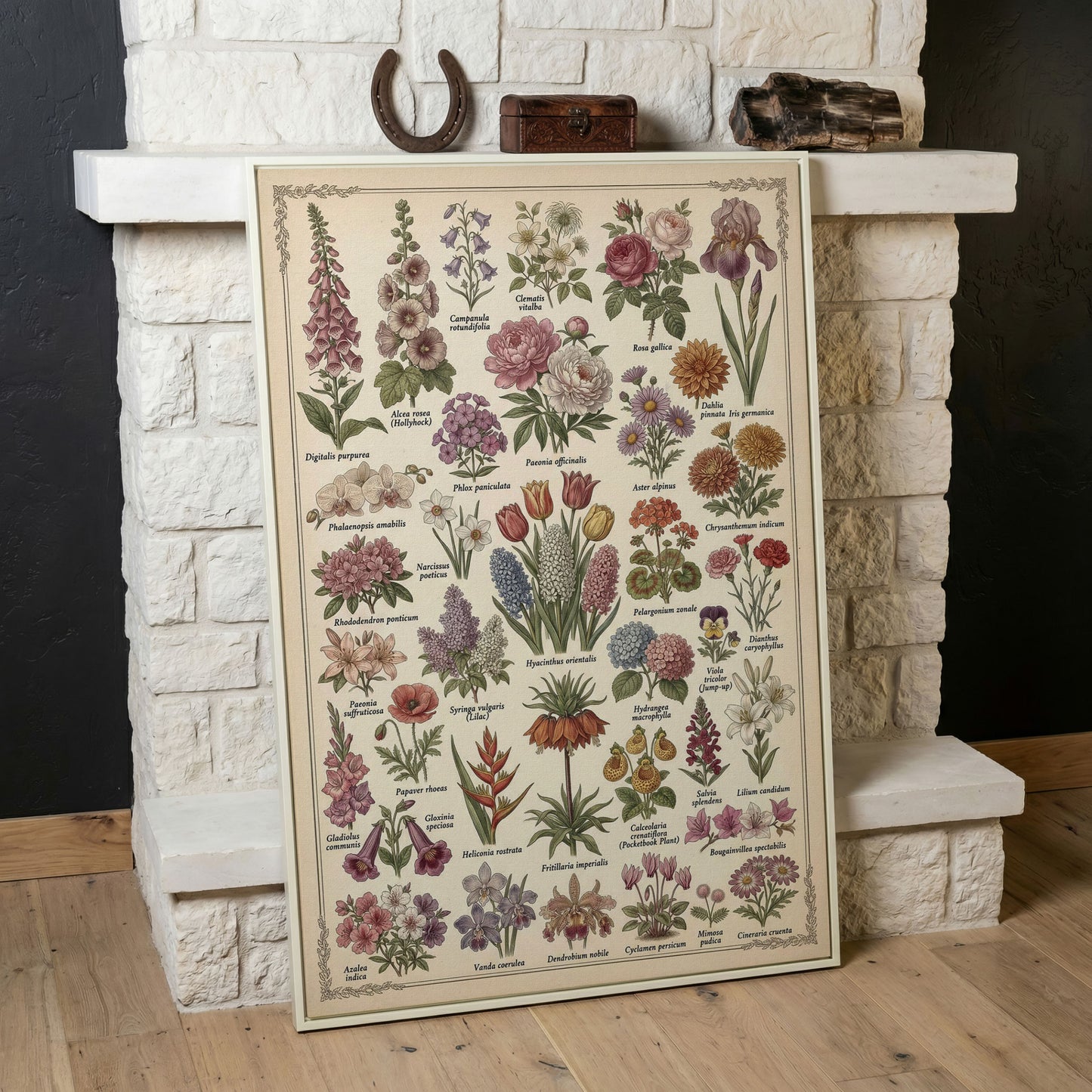 Botanical Illustration Canvas Art: 32 Flowers, Vintage Style in white floating frame