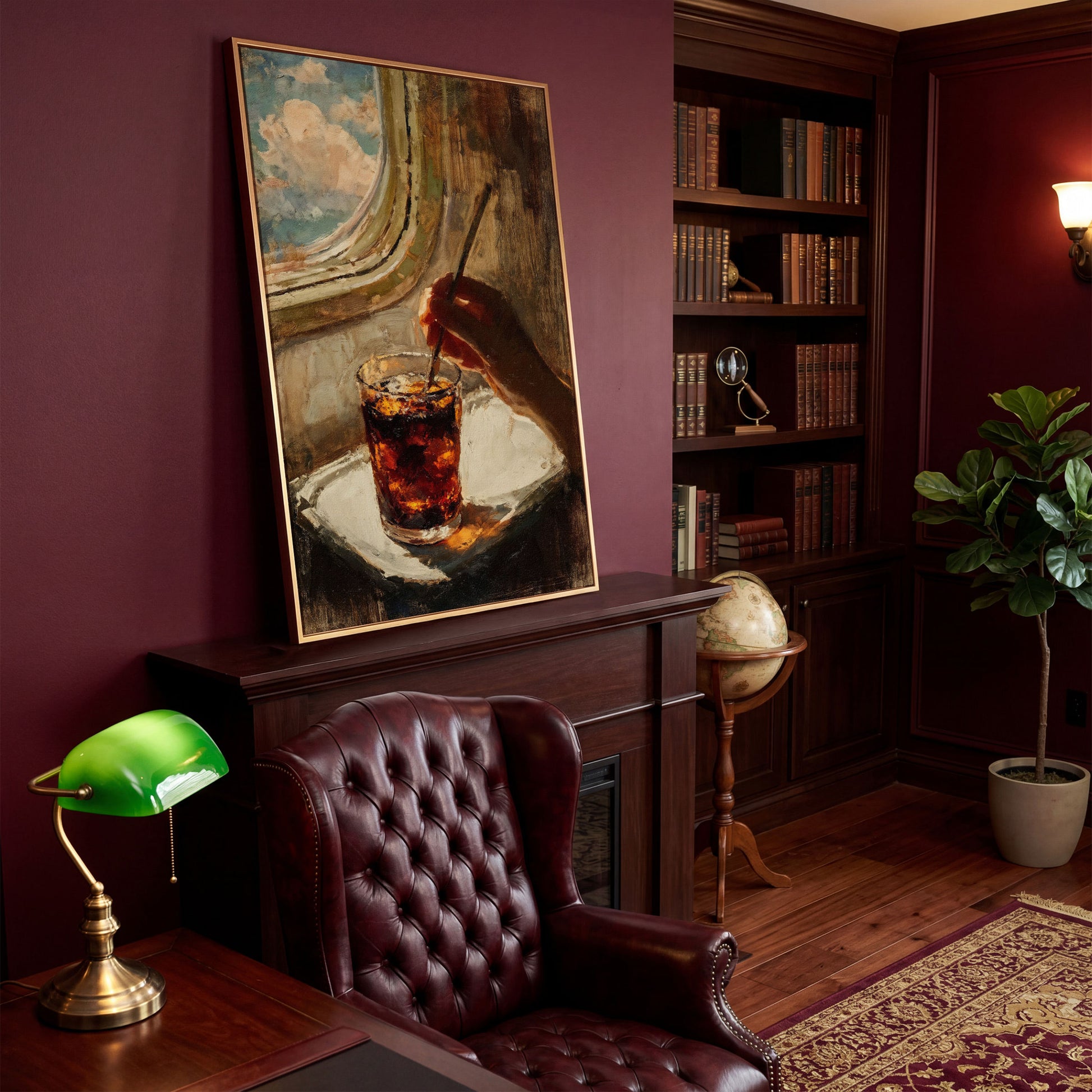 Dark Soda Over Ice, Open Window View. Cocktail Canvas Art in antique gold floating frame