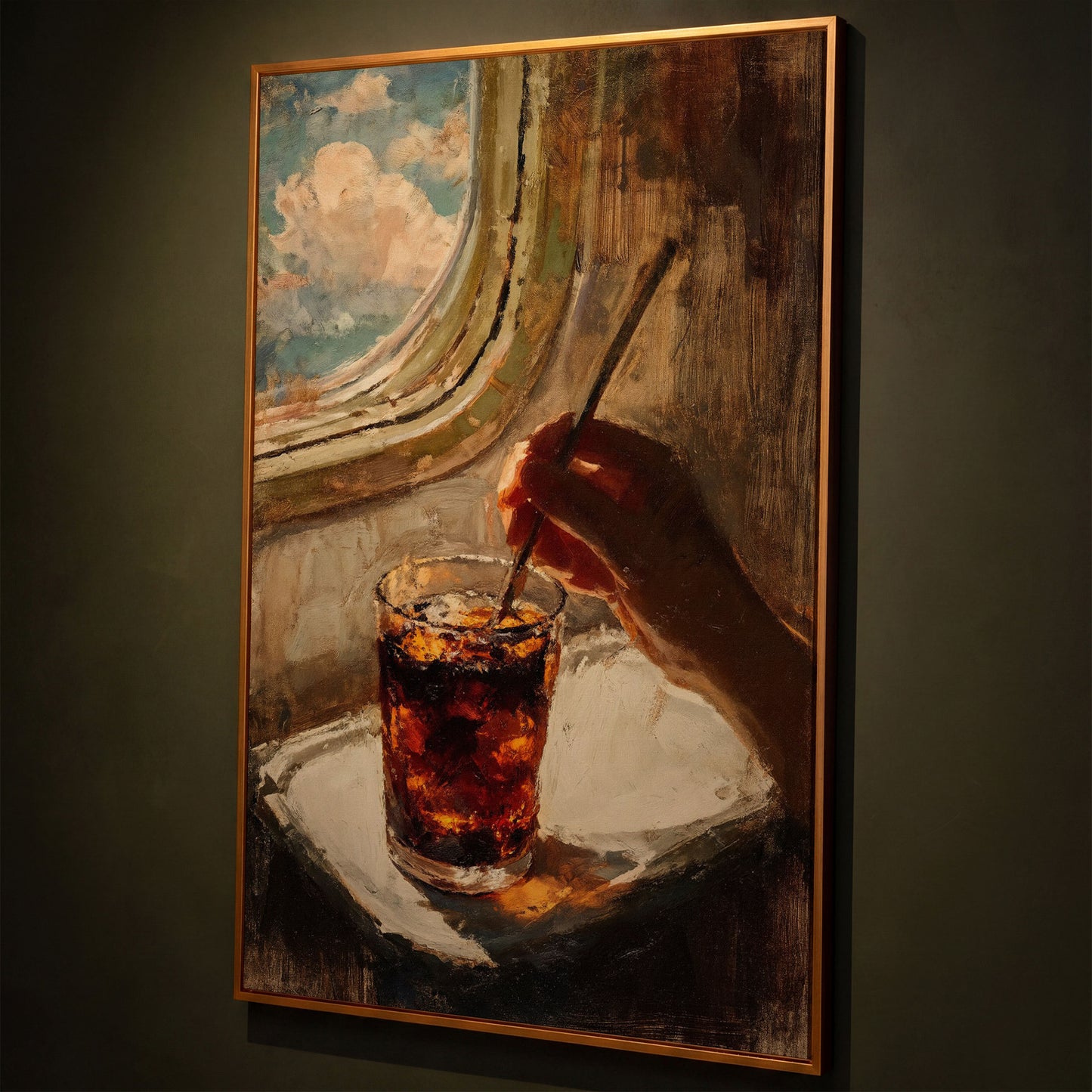 Dark Soda Over Ice, Open Window View. Cocktail Canvas Art shown in antique gold floating frame